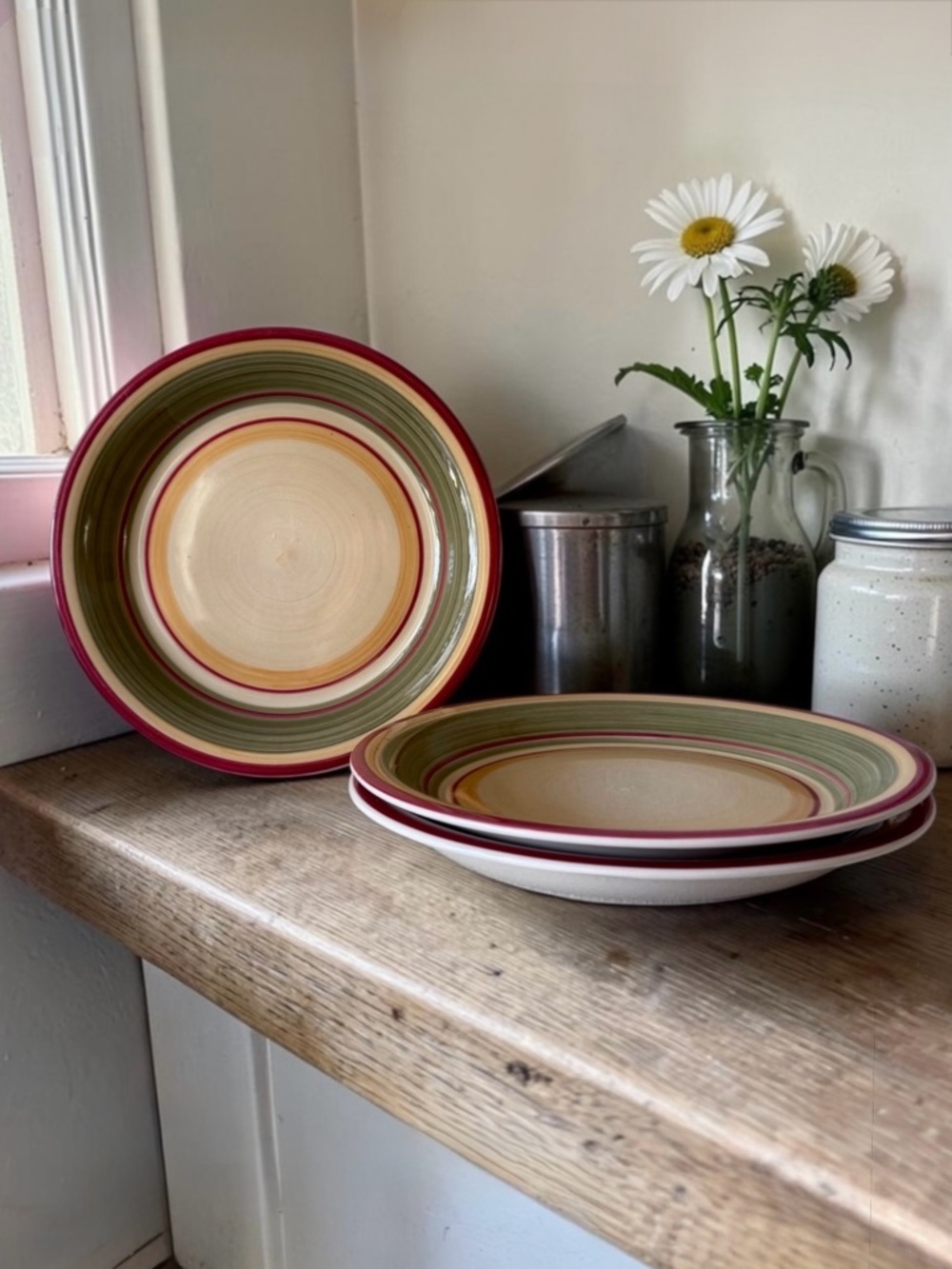 3 Gibson Swirl Dinner Plates 10.5” Multicolor Stripe Stoneware Yellow Green Red